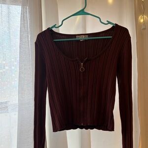 Pink Republic Ribbed Zip-Front Long Sleeve Top - Deep Brown